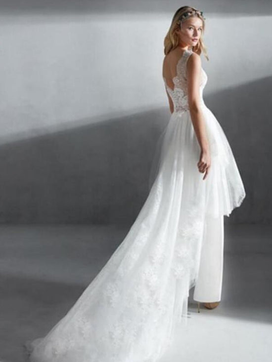 Elegant Sheer Jewel Neck Lace Bohemian Beach Bridal Gown Boho Wedding Dress Pantsuit Small Train - TulleLux Bridal Crowns &  Accessories 