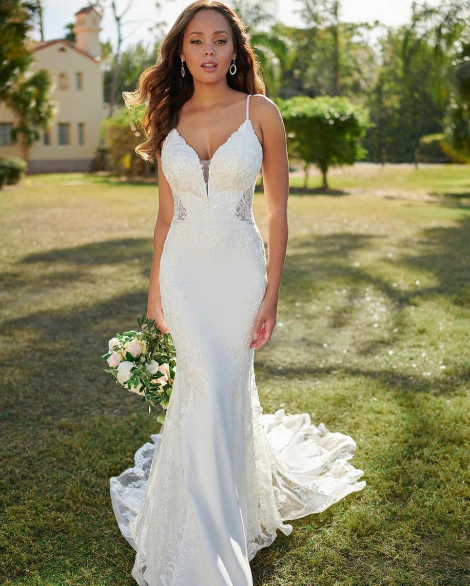 Spaghetti Strap Beaded Lace Fit And Flare Wedding Dress With Open Back And  Dramatic Train