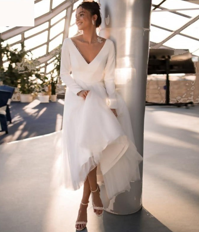 Simple Tea Length Long Sleeve V Neck Bridal Wedding Reception Dress - TulleLux Bridal Crowns &  Accessories 