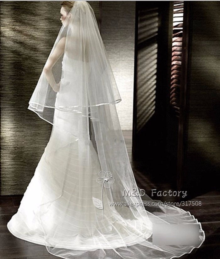 2 Layers 3 Meters Long Satin Ribbon Edge White Ivory Wedding Bridal Veil - TulleLux Bridal Crowns &  Accessories 