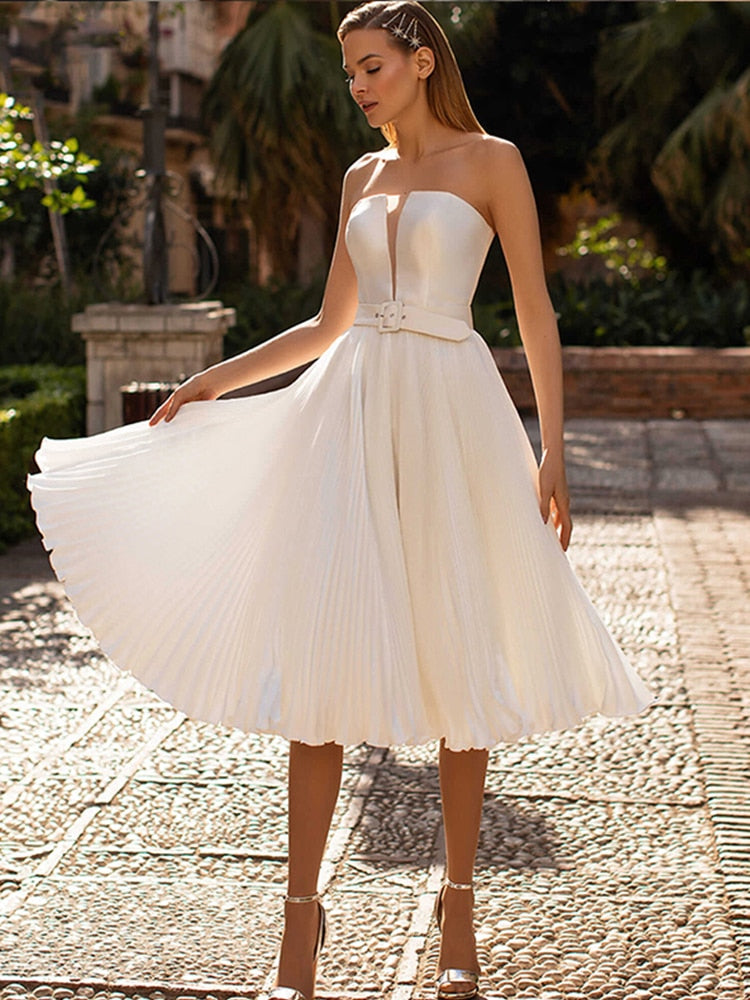Simple A Line Soft Satin Sleeveless Tea Length Bridal Dress