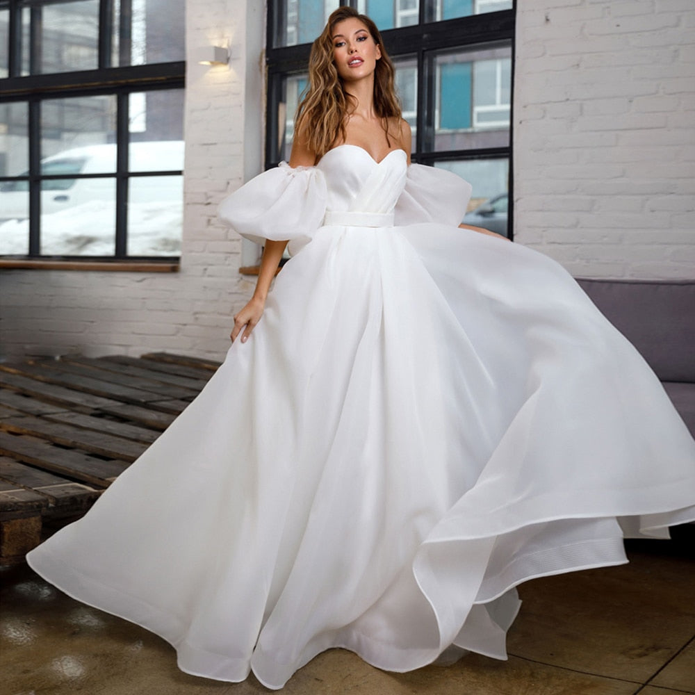 Romantic Organza Detachable Puff Sleeves Sweet A line Princess Wedding Bridal Gown