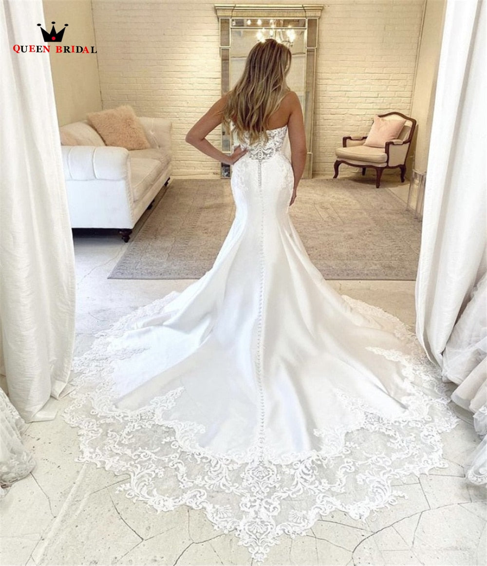 Strapless Satin Lace Deep V Mermaid Wedding Bridal Gown Tullelux Bridal Crowns And Accessories 4114