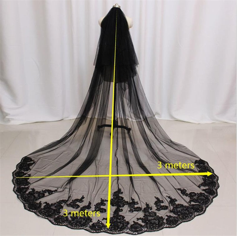 Black Long Wedding Veil with Sequined Lace Cathedral 2T Bridal Veil Cover Face 2 Layers 3 M Veil with Comb Wedding Accessories - TulleLux Bridal Crowns &  Accessories 