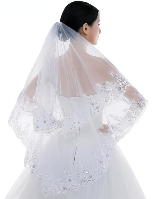 Sparkling Crystal Lace Edge Tulle Bridal Veil with Comb