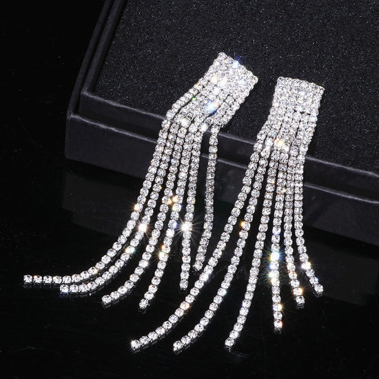 Silver Rhinestone Crystal Long Tassel Earrings Bridal Drop Dangling Earrings - TulleLux Bridal Crowns &  Accessories 