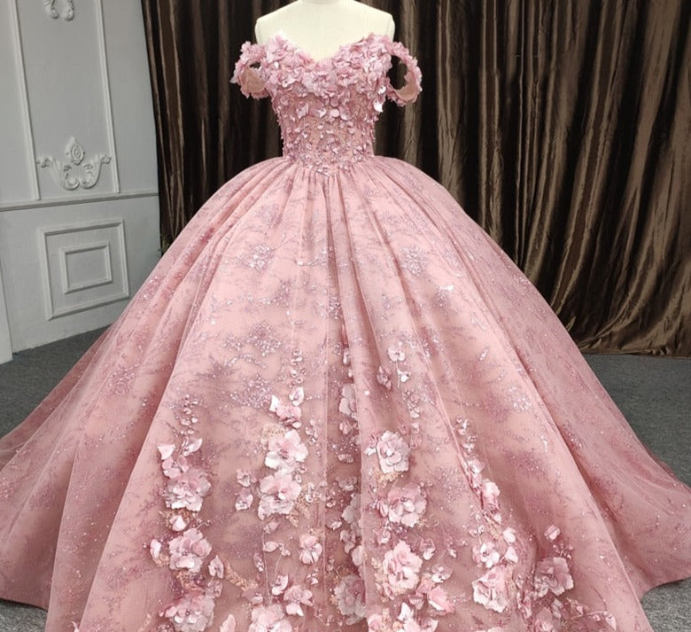 Quinceanera Ball Gown Pink Flower Dress