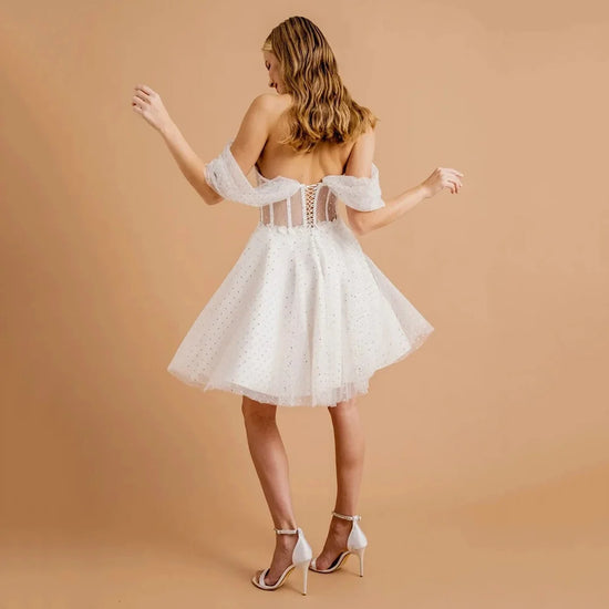Short A-Line  Sequined Tulle Sweetheart Off the Shoulder Sleeve Mini Wedding Dress