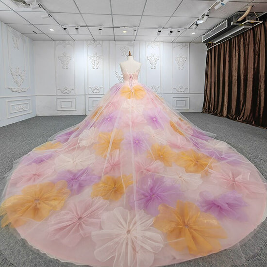 Load image into Gallery viewer, Pink Strapless Flower Ball Gown Dress
