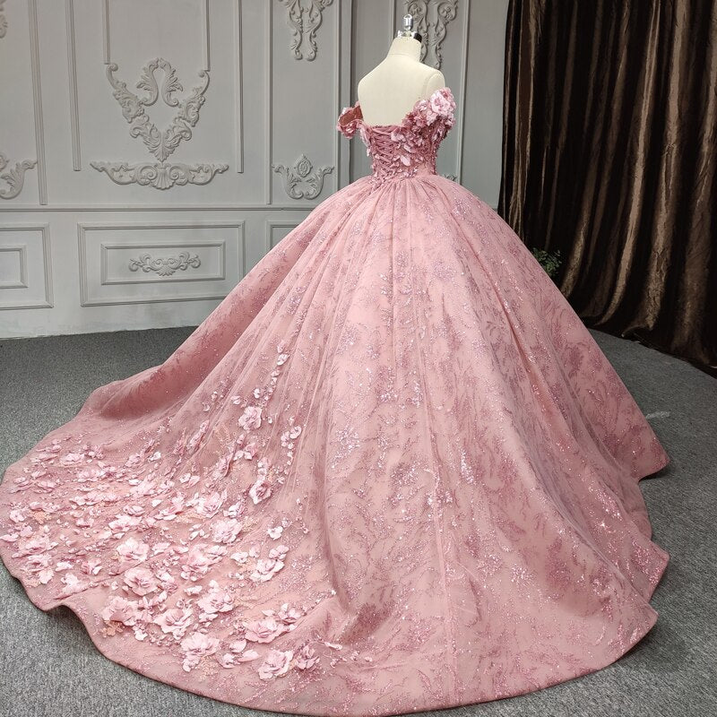 Quinceanera Ball Gown Pink Flower Dress