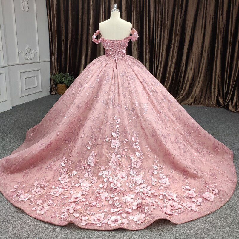 Quinceanera Ball Gown Pink Flower Dress