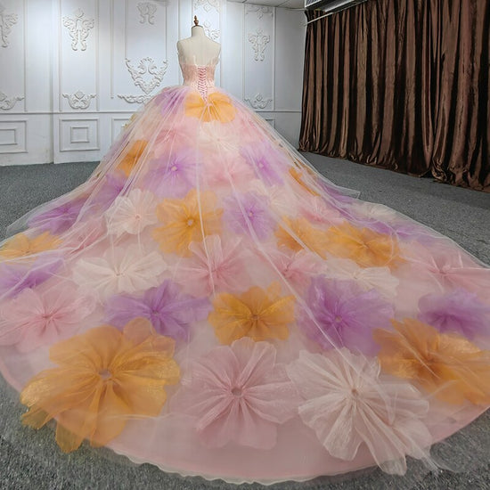 Load image into Gallery viewer, Pink Strapless Flower Ball Gown Dress
