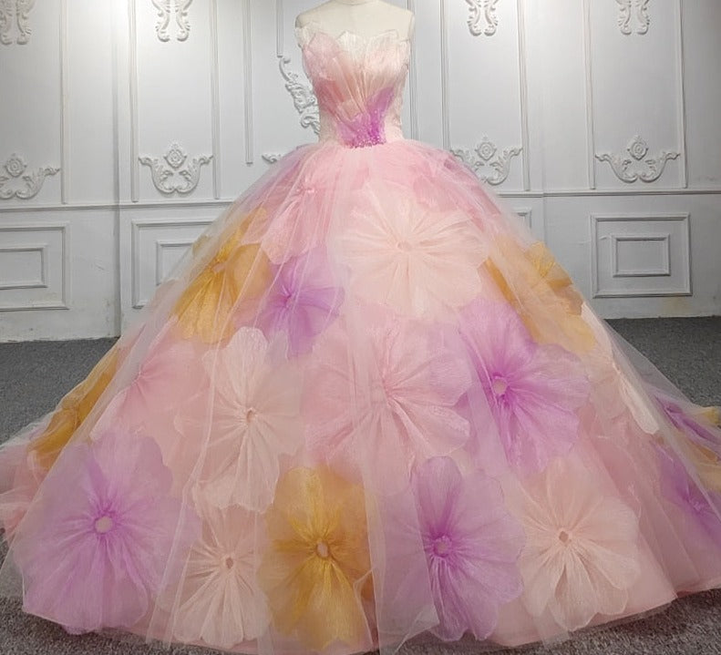 Pink Strapless Flower Ball Gown Dress