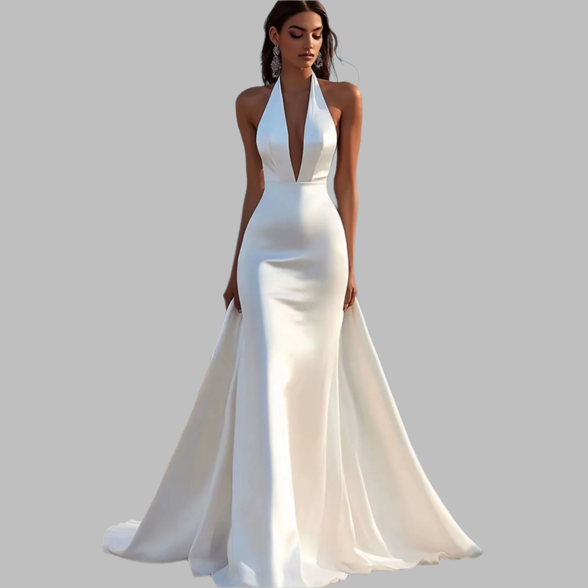 woman in a white mermaid wedding dress with halter top and court train.