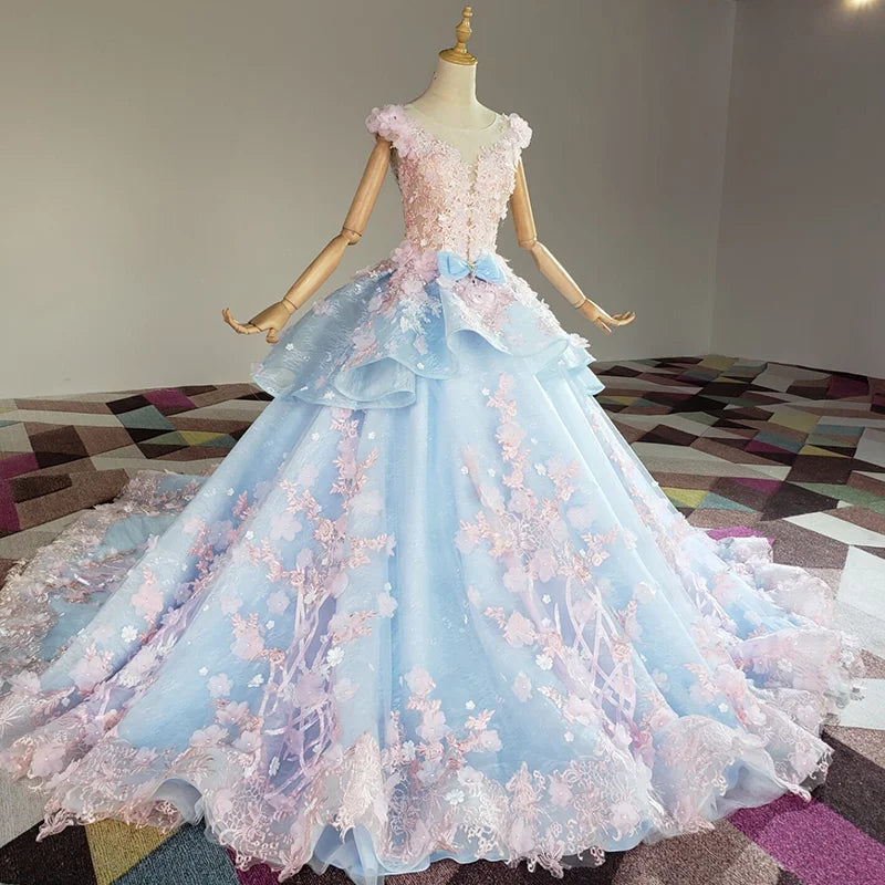 Pink Flowers Evening Dress Beaded Quinceanera Party Ball Gown