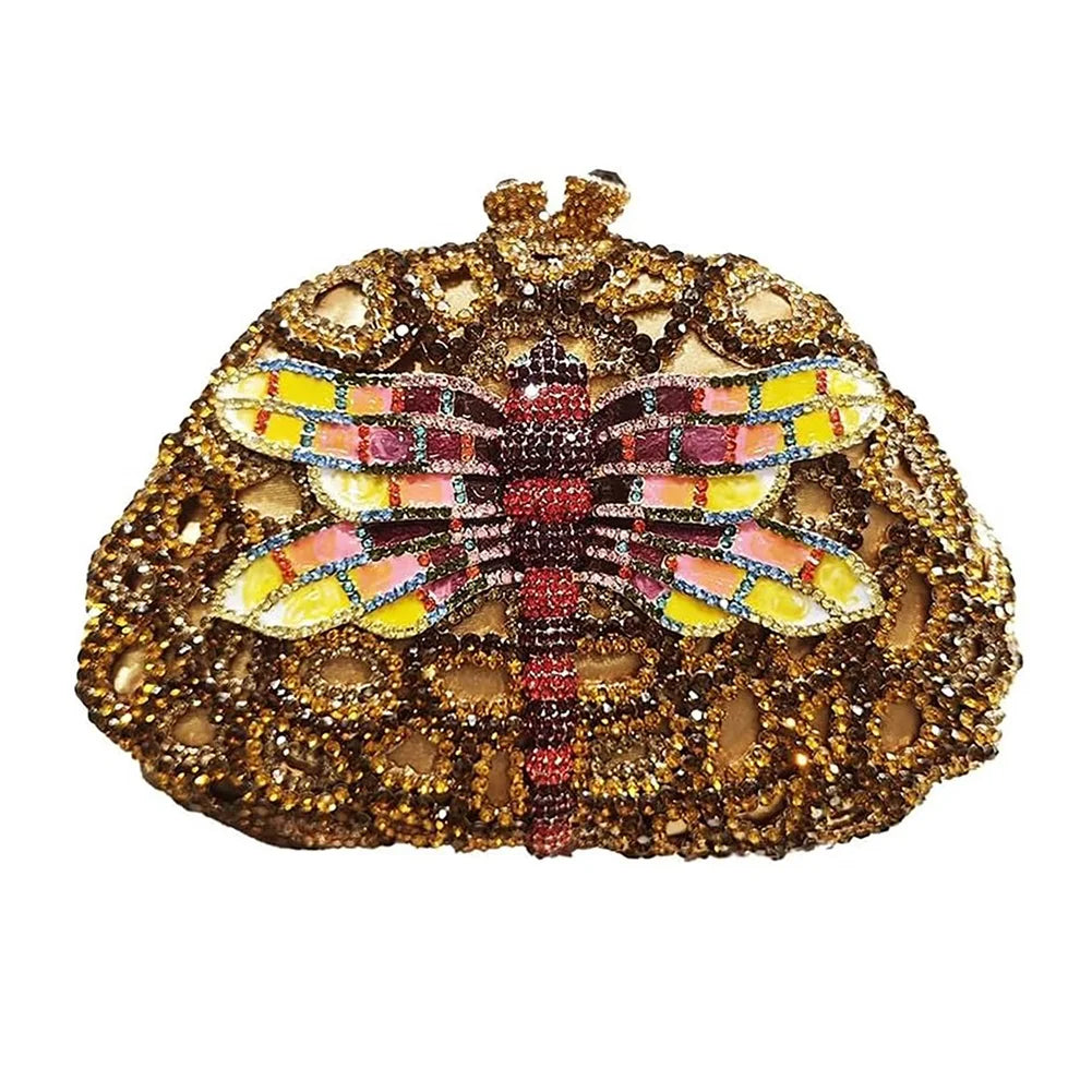 colorful crystal beaded dragonfly mini clutch purse with top hasp clasp 