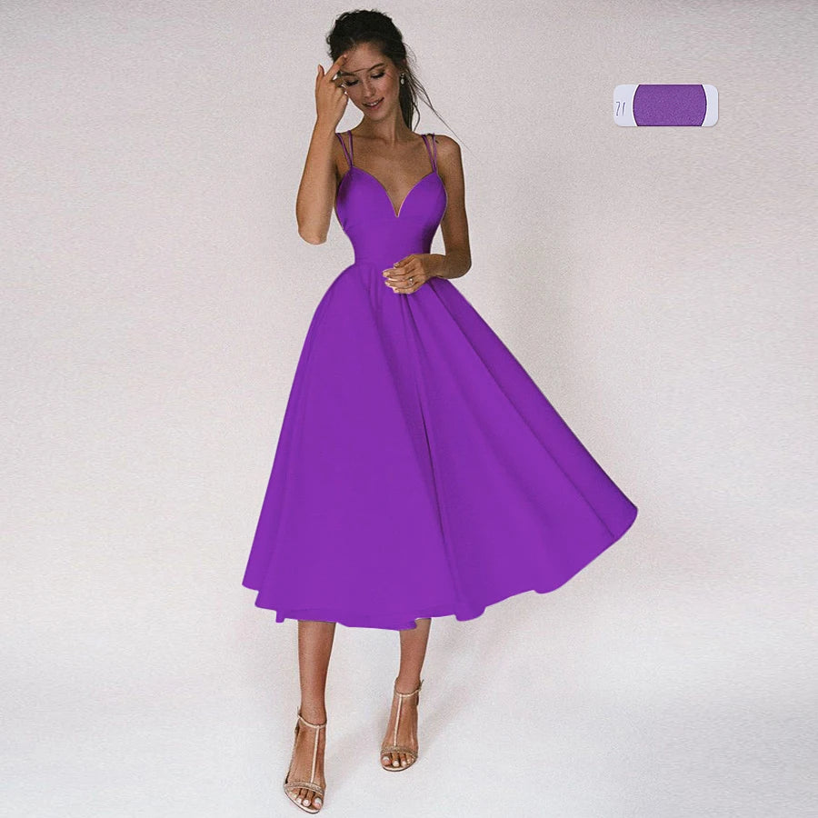 
                      
                        Tea Wedding Dress  Criss Cross Back Satin Bridal Dresses A Line Gown
                      
                    