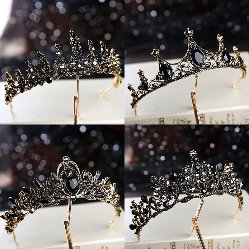 Retro Black Bridal Crystal Tiaras Crowns Princess Rhinestone Veil Tiara Hair Accessory