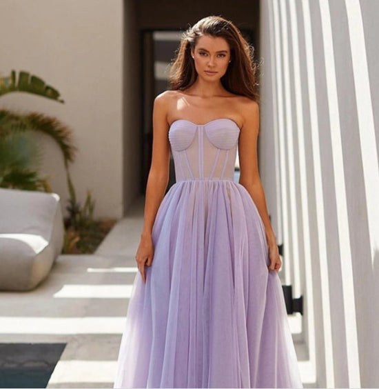 Simple Tulle A Line Short Sweetheart Sheer Corset Top Tea Length Formal Dress