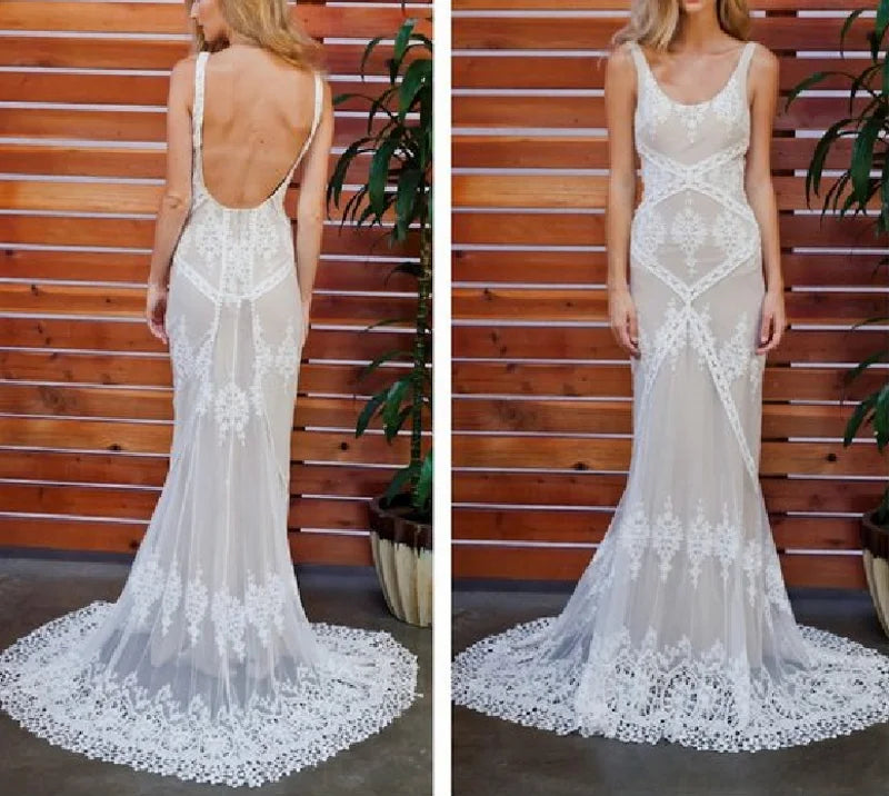 Backless Sleeveless Sweep Train Lace Sheath Bridal Wedding Gown