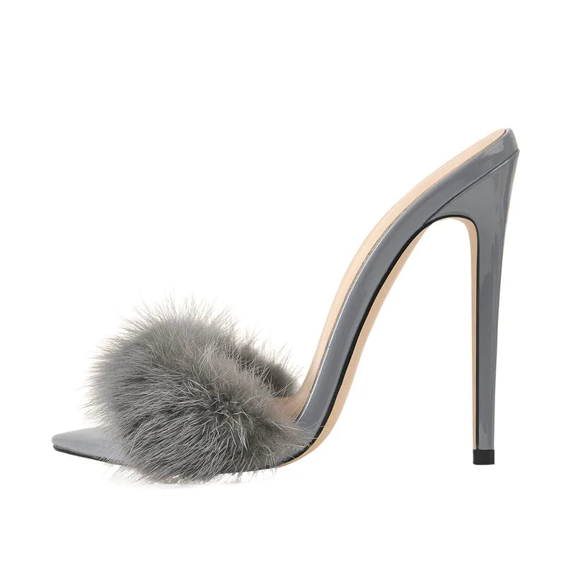 
                      
                        Peep Toe Mules Artificial Fur Slip On Thin High Sandals  Shoes
                      
                    