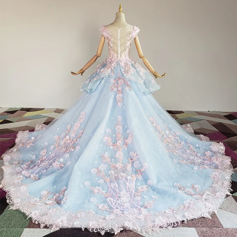 Pink Flowers Evening Dress Beaded Quinceanera Party Ball Gown