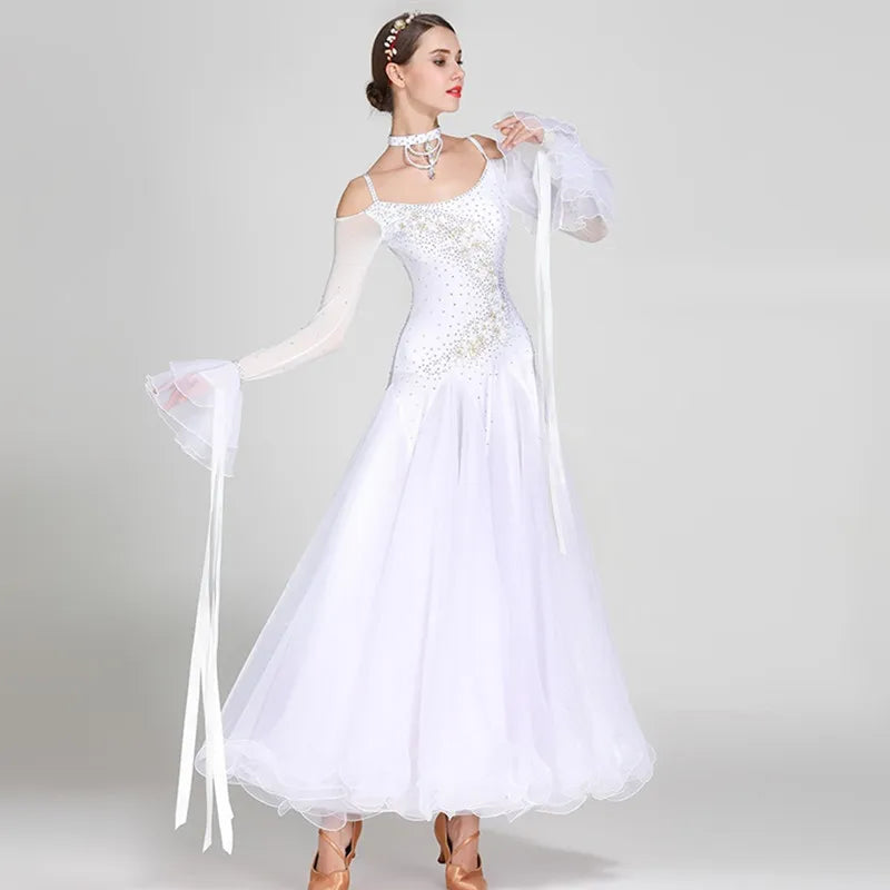 
                      
                        Off Shoulder Ribbon Ballroom Dance Dresses Competition Costumes
                      
                    