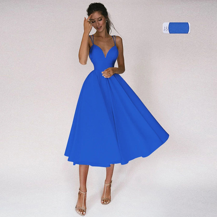 
                      
                        Tea Wedding Dress  Criss Cross Back Satin Bridal Dresses A Line Gown
                      
                    