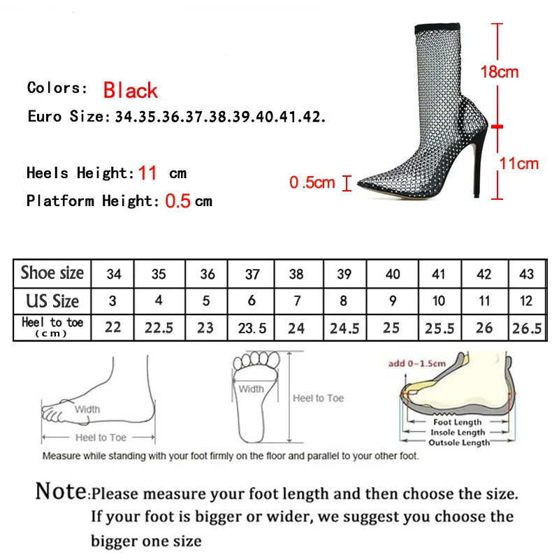 
                      
                        Crystal Rhinestone Mesh Stretch Fabric Sock Boots Fashion Transparent High Heels
                      
                    