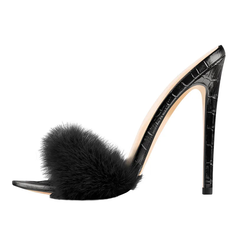 
                      
                        Peep Toe Mules Artificial Fur Slip On Thin High Sandals  Shoes
                      
                    