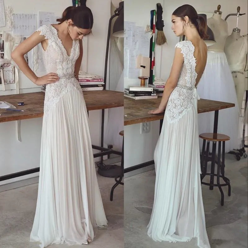 Boho Wedding Dress Bohemian Gown Lace Open Back Pleated Skirt A line Gown