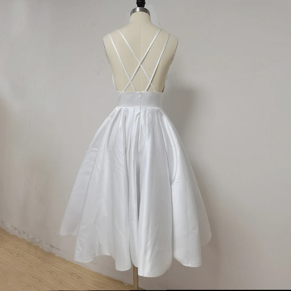
                      
                        Tea Wedding Dress  Criss Cross Back Satin Bridal Dresses A Line Gown
                      
                    