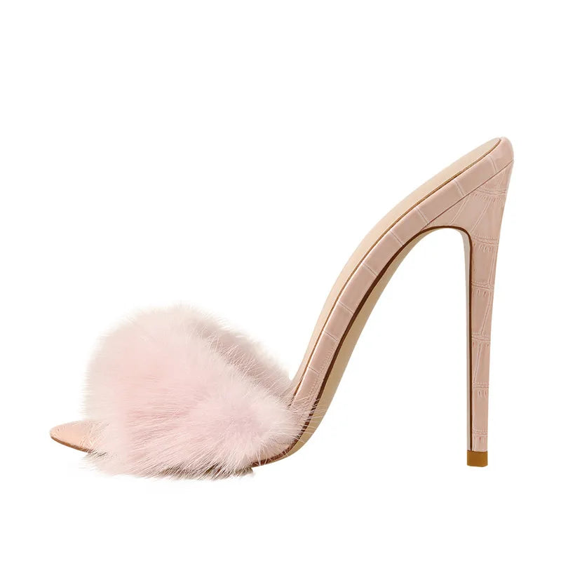 
                      
                        Peep Toe Mules Artificial Fur Slip On Thin High Sandals  Shoes
                      
                    