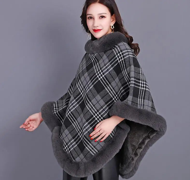 Striped Plaid Poncho Winter Faux Fur Street Wear Triangle Fur Neck Pul ...