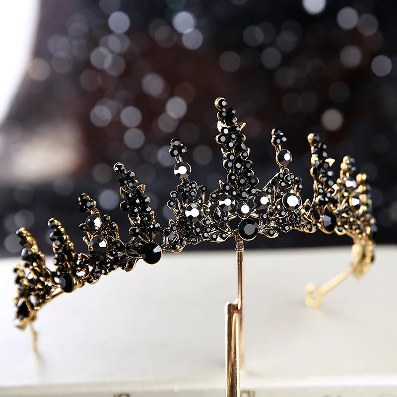 Retro Black Bridal Crystal Tiaras Crowns Princess Rhinestone Veil Tiara Hair Accessory