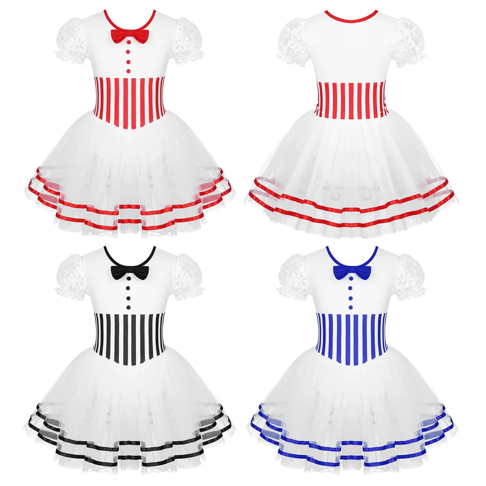 Girls Striped Leotard Mesh Tutu Ballet Performance Dance Costume