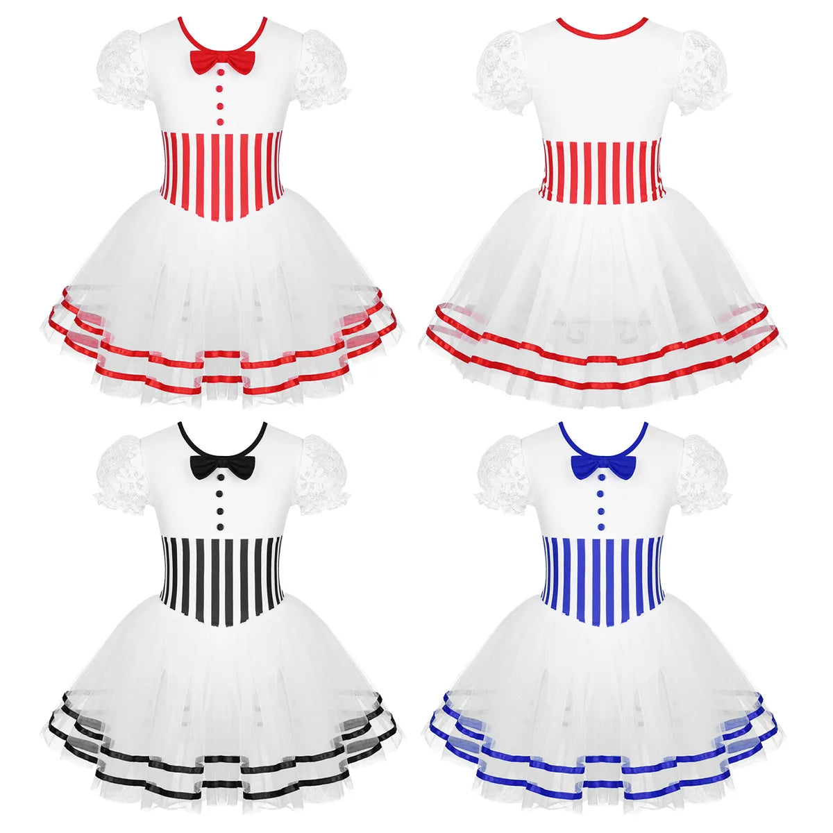 Girls Striped Leotard Mesh Tutu Ballet Performance Dance Costume