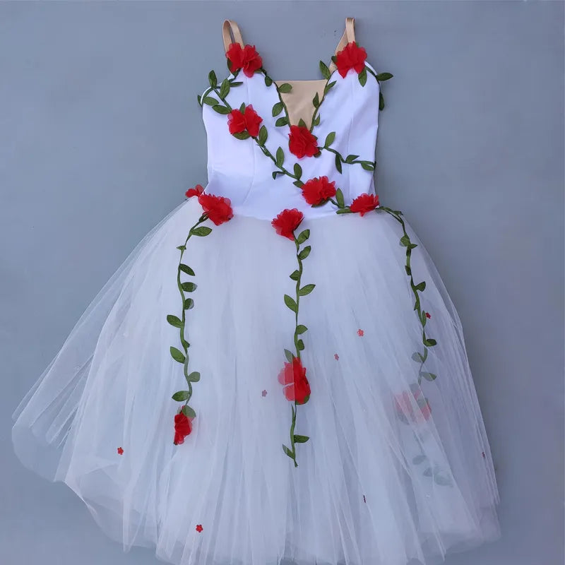 White Red Flower Ballet Tutu Dress For Girls