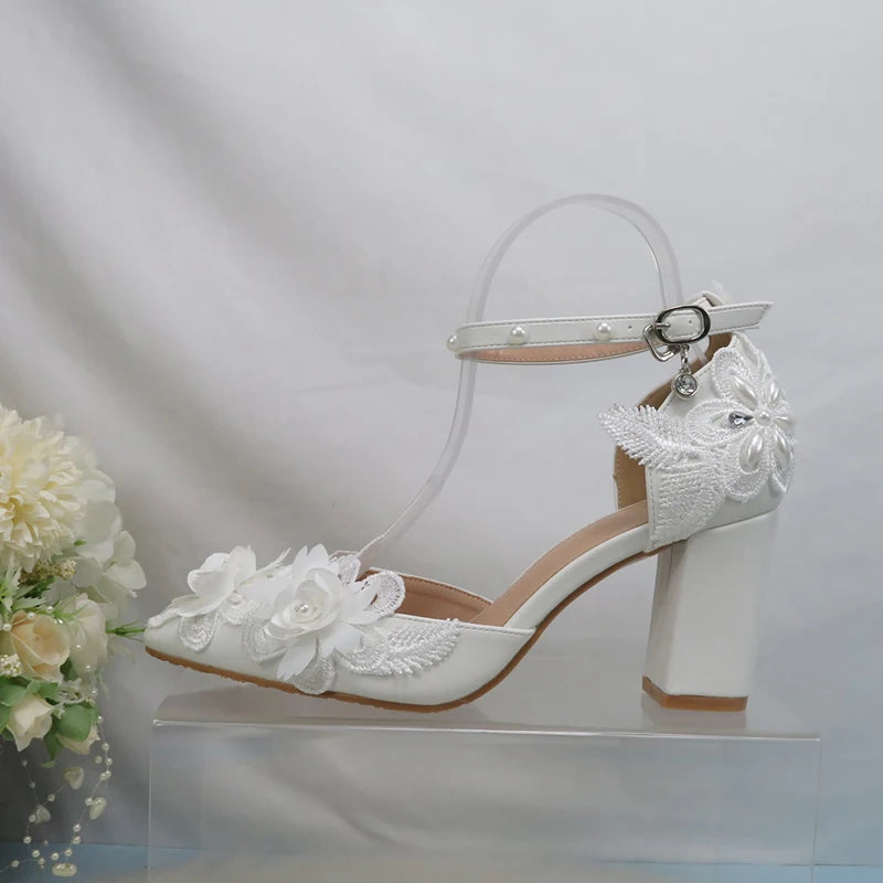 Pearl Floral Wedding Bridal Pointed Heel Party Shoes