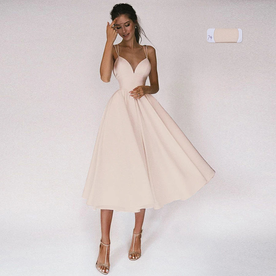 
                      
                        Tea Wedding Dress  Criss Cross Back Satin Bridal Dresses A Line Gown
                      
                    