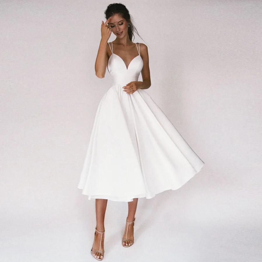 Tea Wedding Dress  Criss Cross Back Satin Bridal Dresses A Line Gown