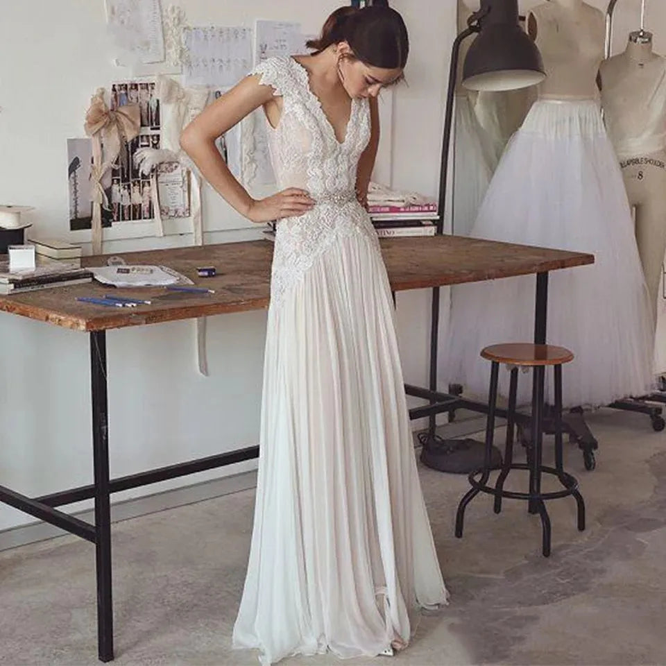 woman in a white boho lace a line wedding dress