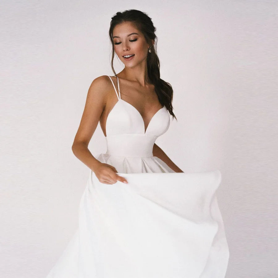 
                      
                        Tea Wedding Dress  Criss Cross Back Satin Bridal Dresses A Line Gown
                      
                    