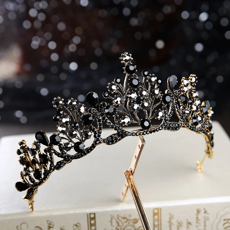 Retro Black Bridal Crystal Tiaras Crowns Princess Rhinestone Veil Tiara Hair Accessory