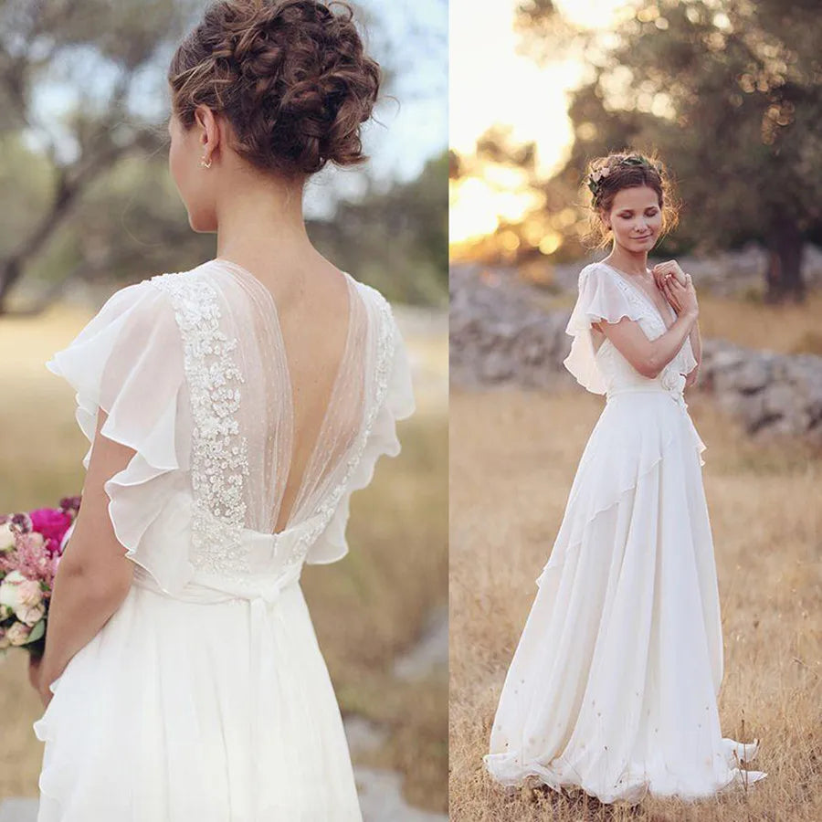 Boho Ruffle V-Neck Wedding Dress Chiffon A Line Short Sleeve Backless Beach Bridal Gown