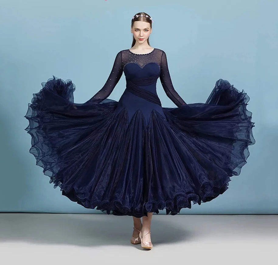 Adult Modern Dance Performance Costume Long Sleeve Spandex National Standard Waltz Dress