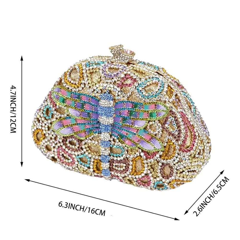 colorful crystal beaded dragonfly mini clutch purse with top hasp clasp 