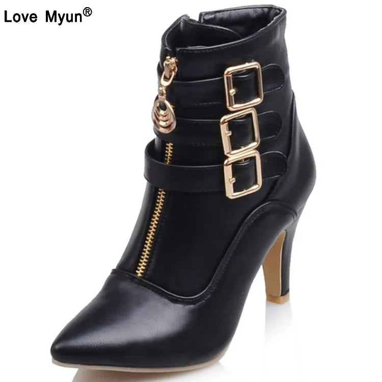 High Heel Ankle Boots Pointed Toe Buckle Ladies Shoes