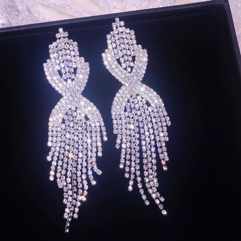 Elegant Long Tassel Earrings Silver Color Shinning Rhinestone Drop Dangle Earring