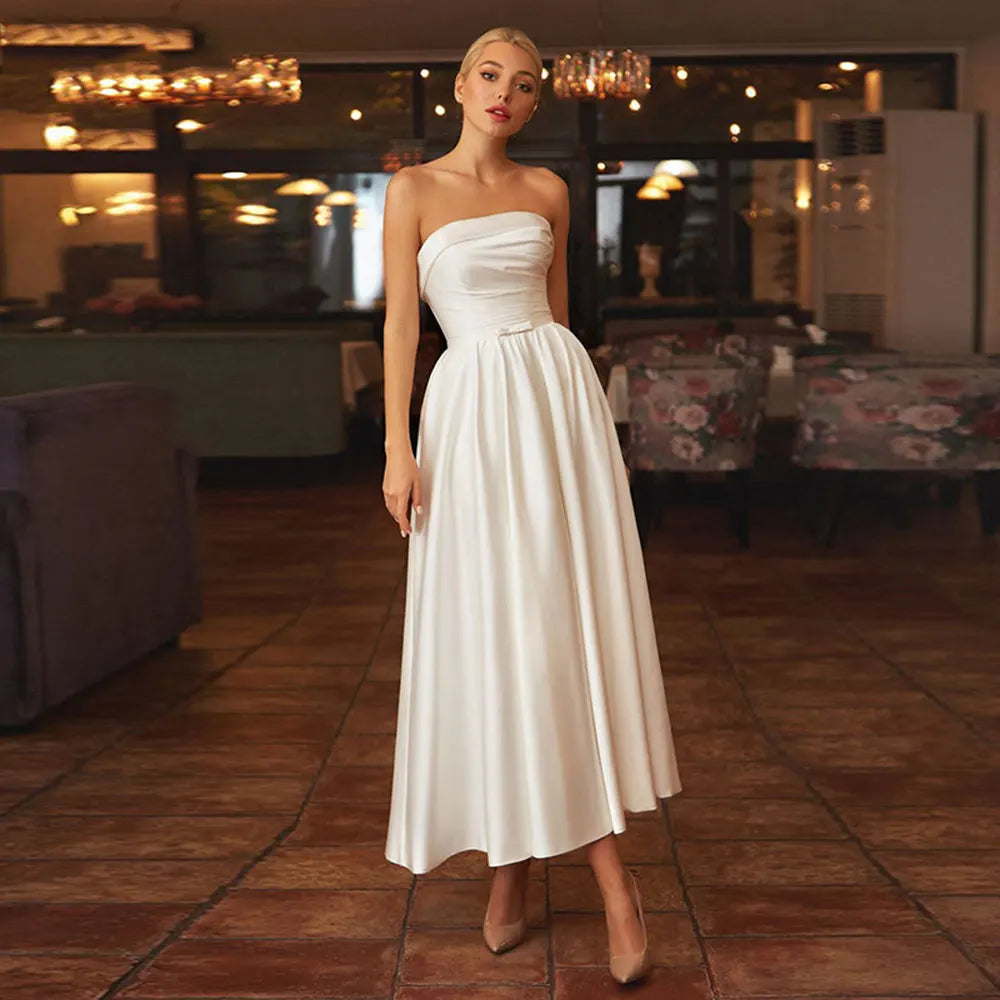 Vintage Satin Wedding Dress With Pockets Strapless Ankle-Length Simple Bride Dress